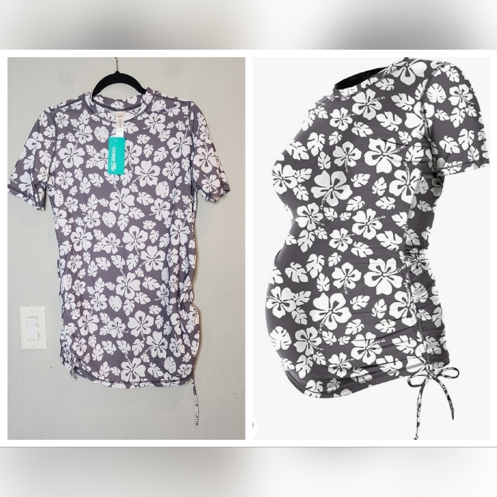 NWT‎ Ocean Lily maternity short sleeve ruched rashguard. Size medium. Grey